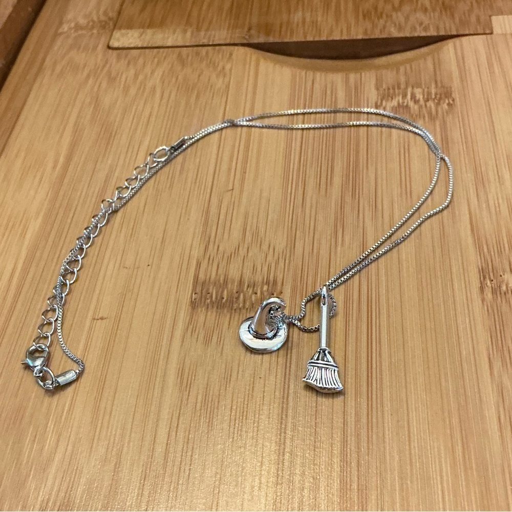 Witch hat and broom Necklace  24” alloy, NWOT